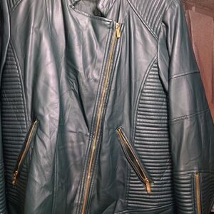 Calvin Klein Dark Green Faux Leather Jacket with Gold Trim